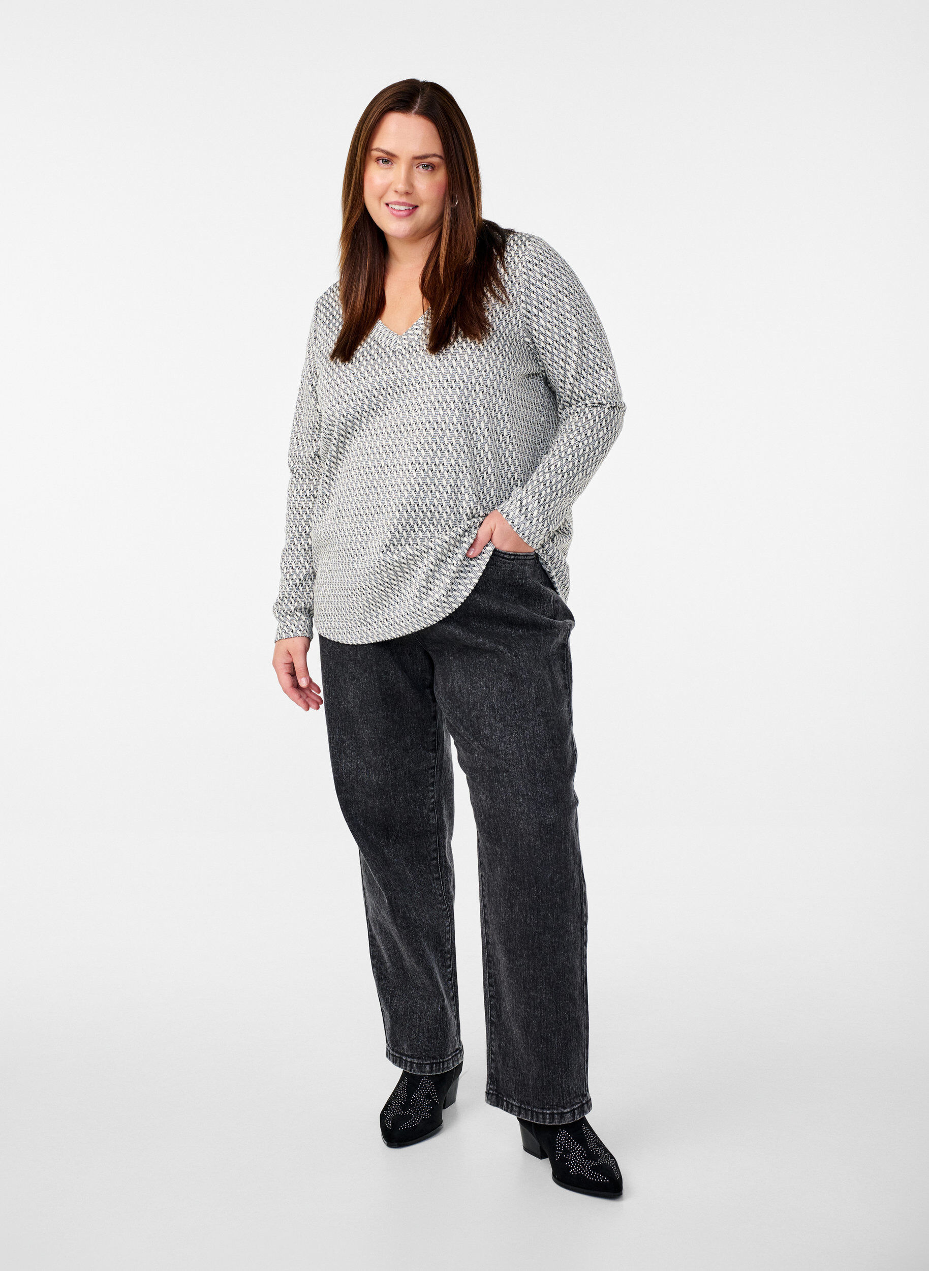 Zizzi Blouse met patroontextuur en glitterdraad, Grijs, Model image number 1