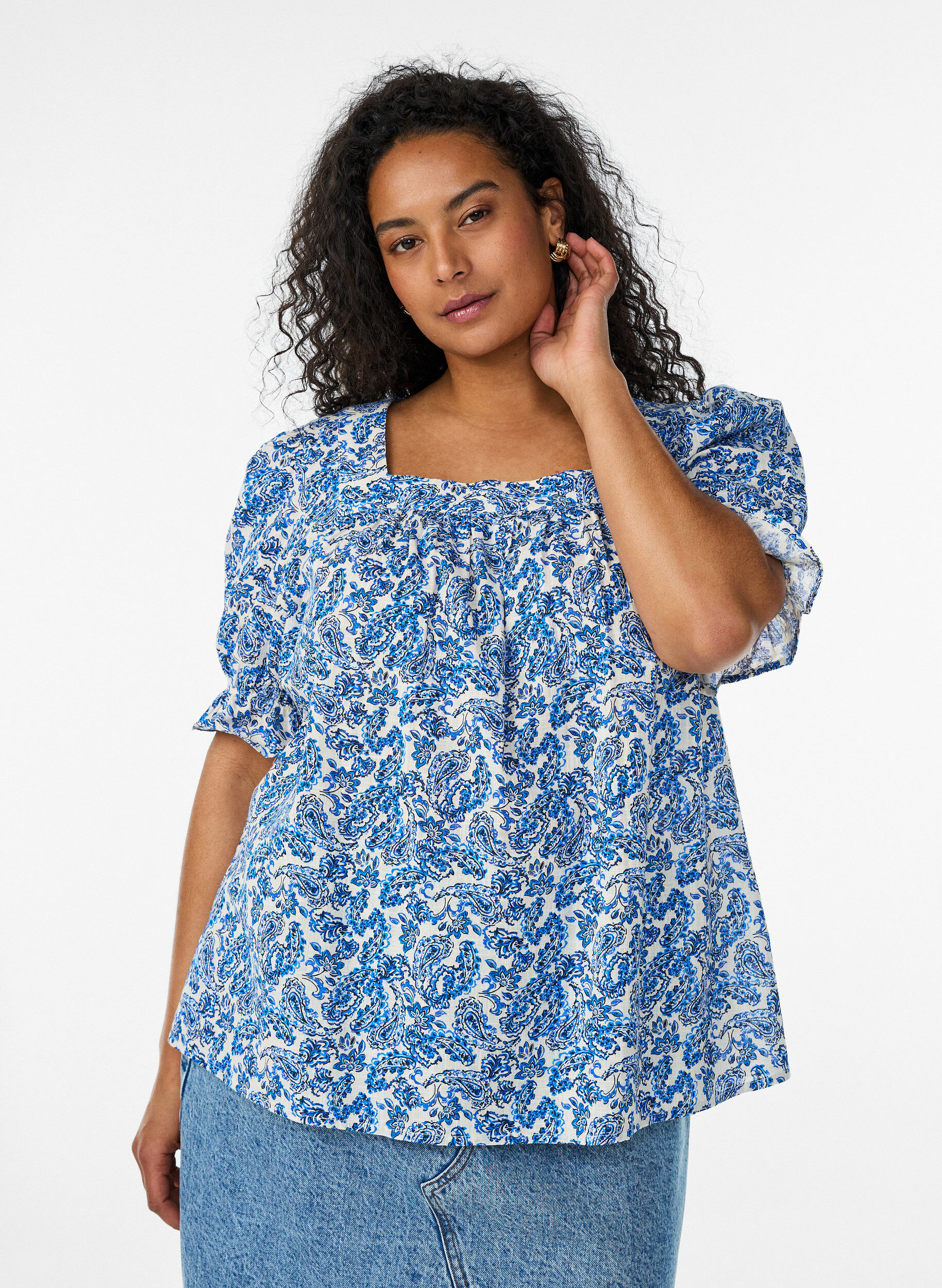 ZizziKatoenen blouse met vierkante halslijn, Blauw, Model image number 0