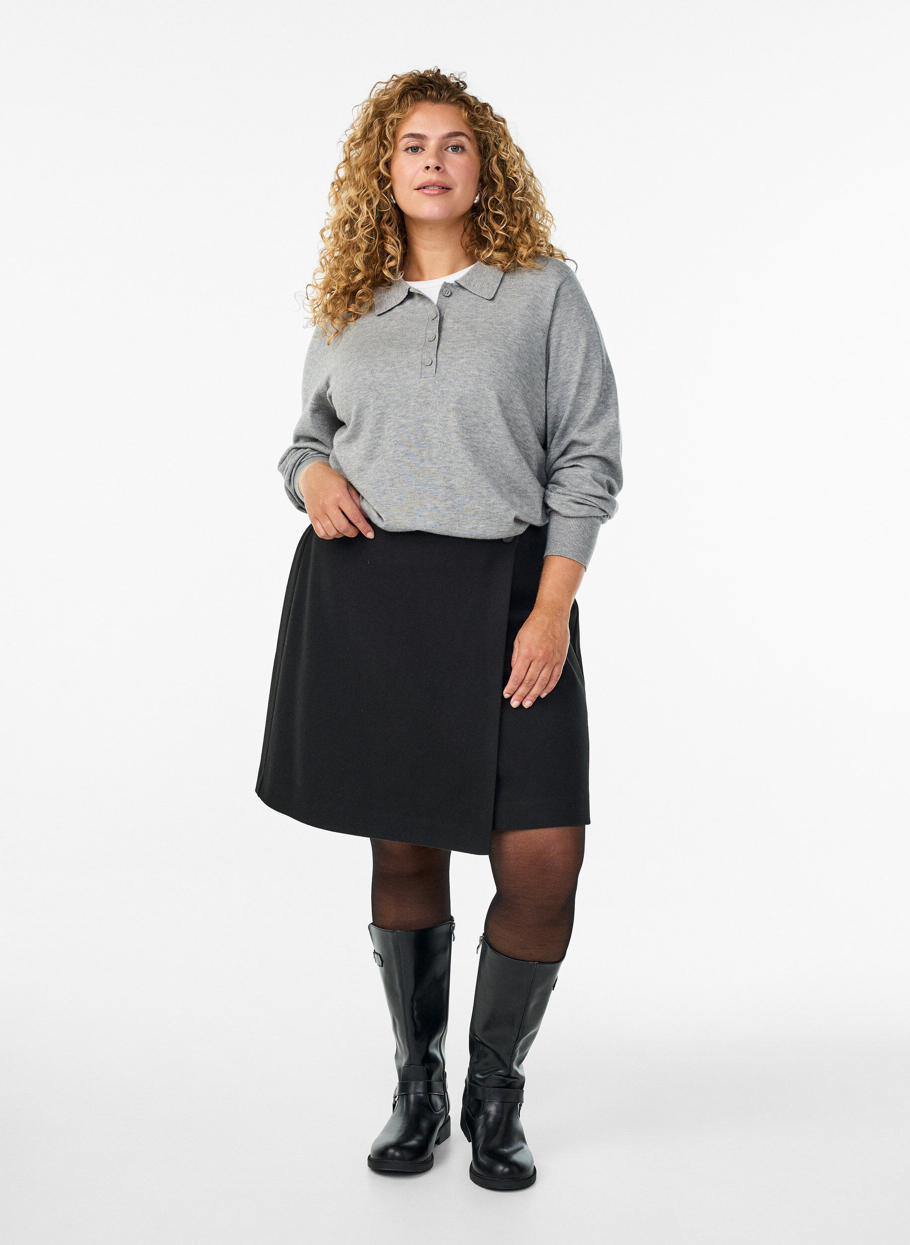 Zizzi Strik blouse met kraag, Grijs, Model image number 1