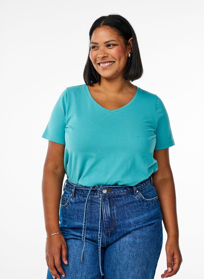 Basic effen katoenen t-shirt, Blauw, Model image number 0
