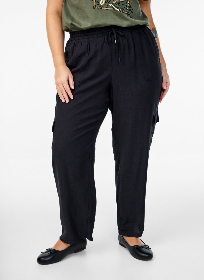 Cargo broek met hoge taille, Zwart, Model image number 2