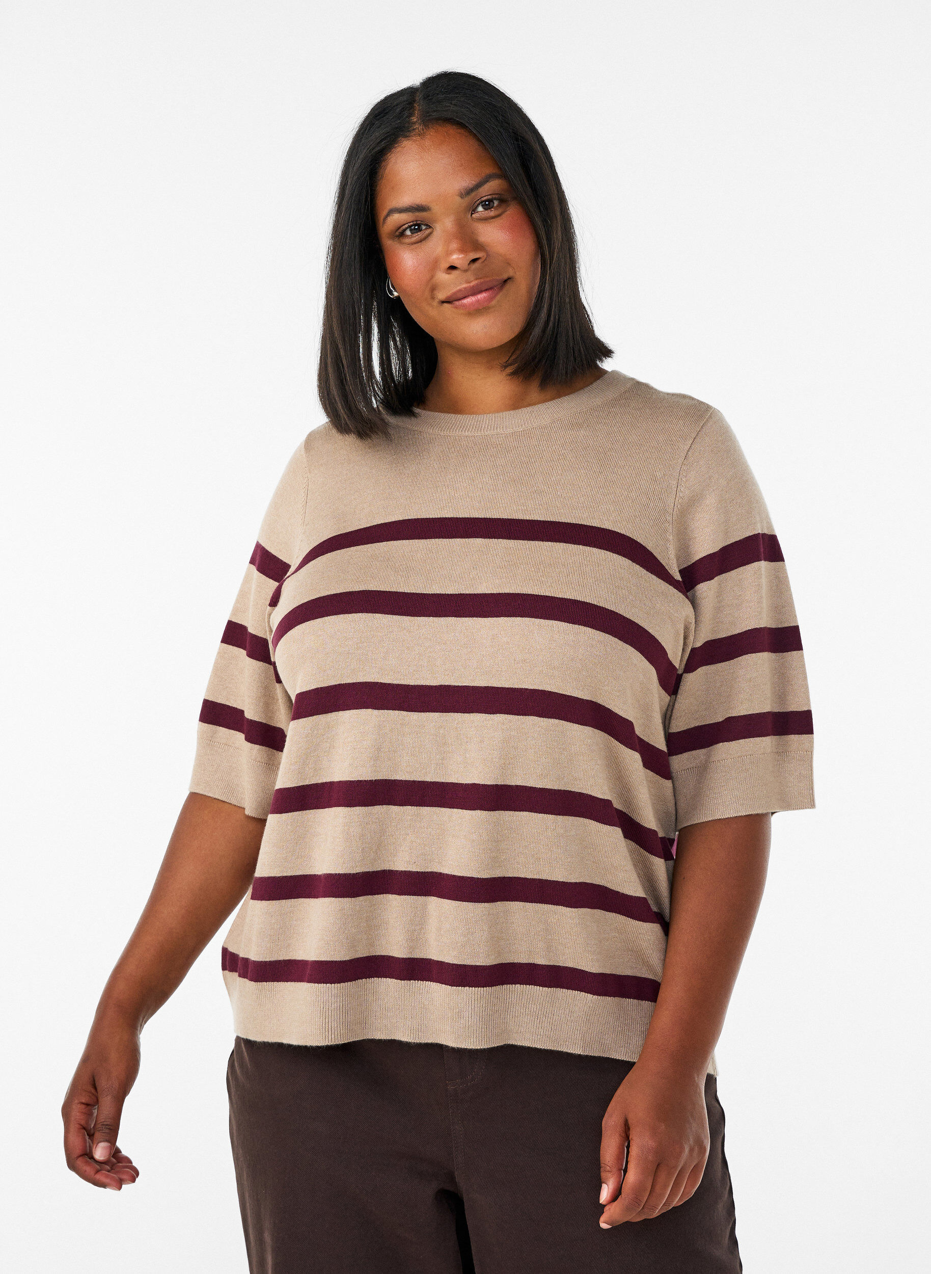 ZizziGestreepte top met korte mouwen in breisel, Beige, Model image number 0