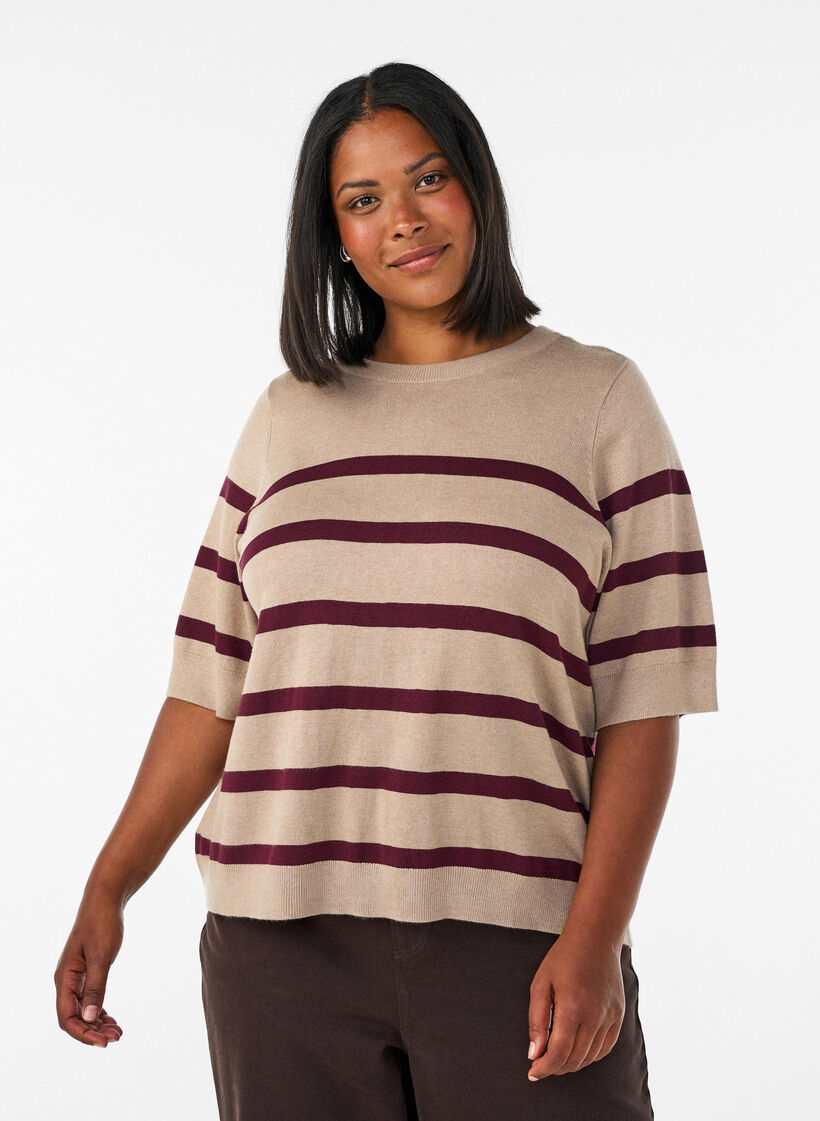 Gestreepte top met korte mouwen in breisel, Beige, Model image number 0