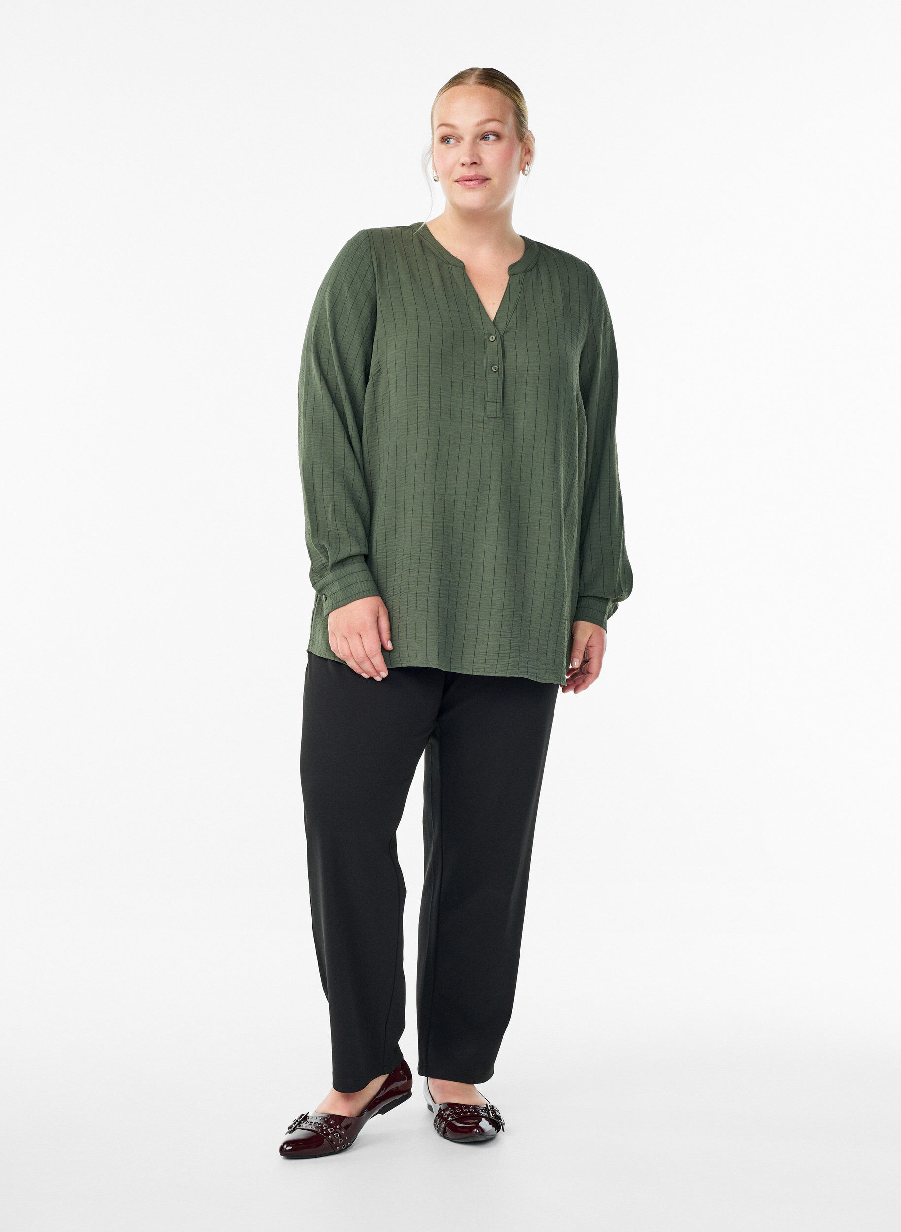 Zizzi FLASH - Streepjes overhemdblouse, Groen, Model image number 1