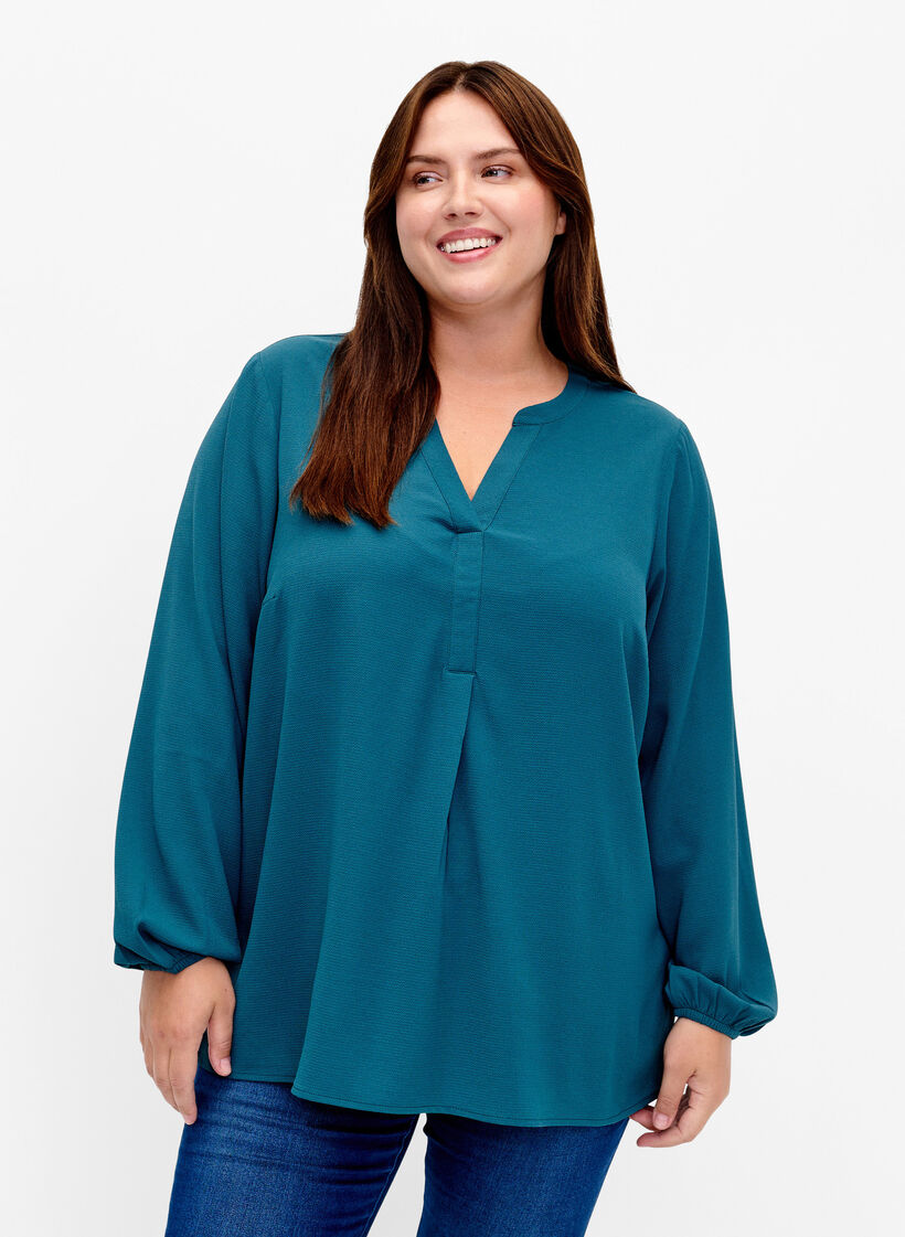 Effen blouse met v-hals, Deep Teal, Model image number 0