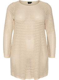 Strandjurk met oogje-borduurwerk en lange mouwen, Beige