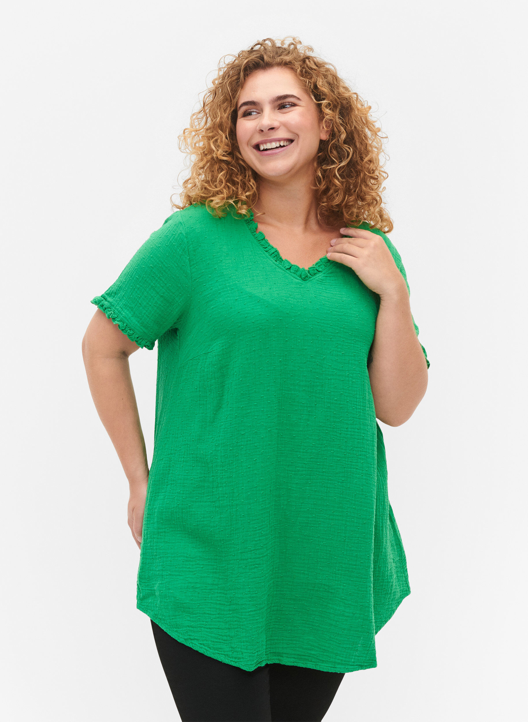 Zizzi Katoenen tuniek met korte mouwen en ruches, Bright Green, Model image number 0