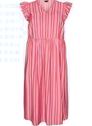 Gestreepte midijurk met empirelijn en ruches, Roze