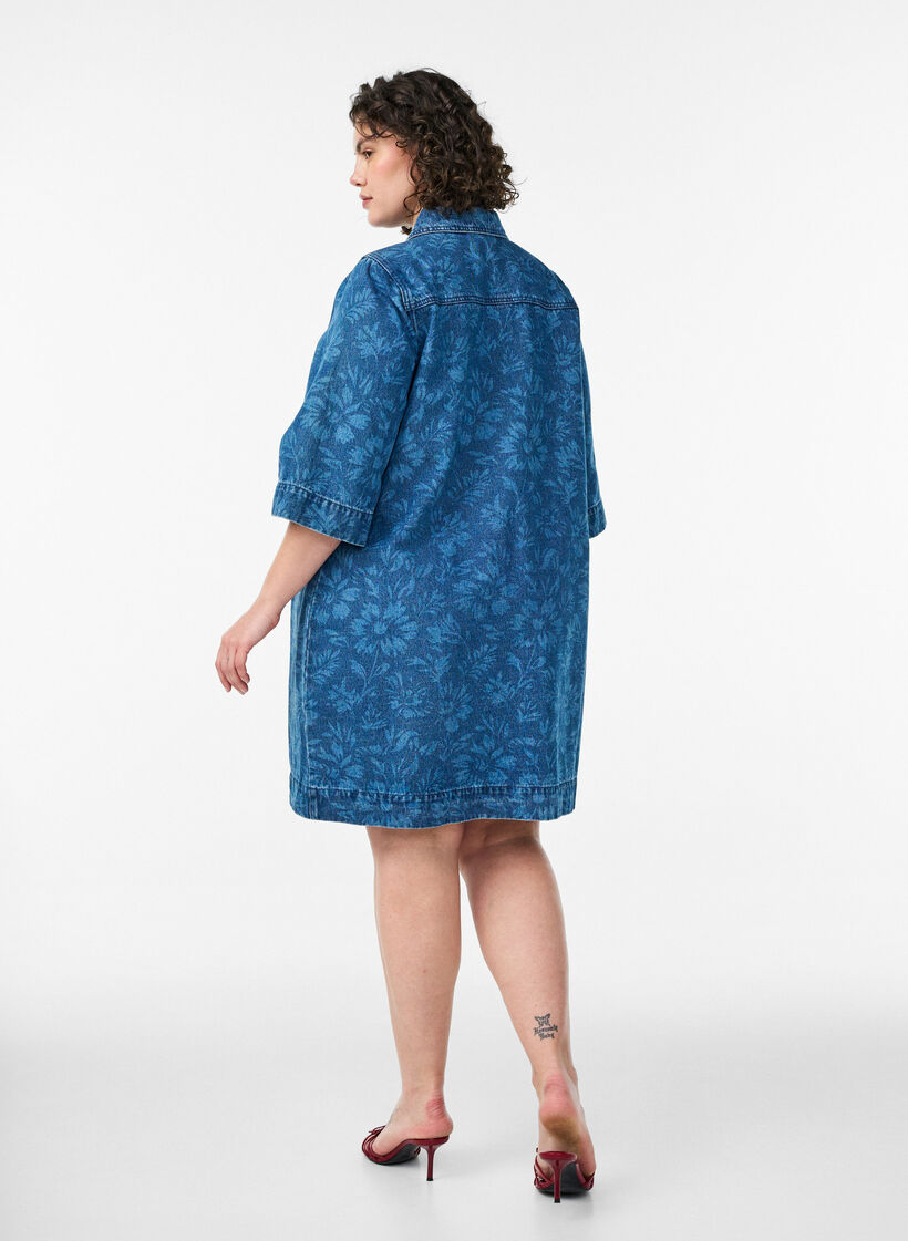 Denimjurk met bloemenprint en borstzakken, Blauw, Model image number 2