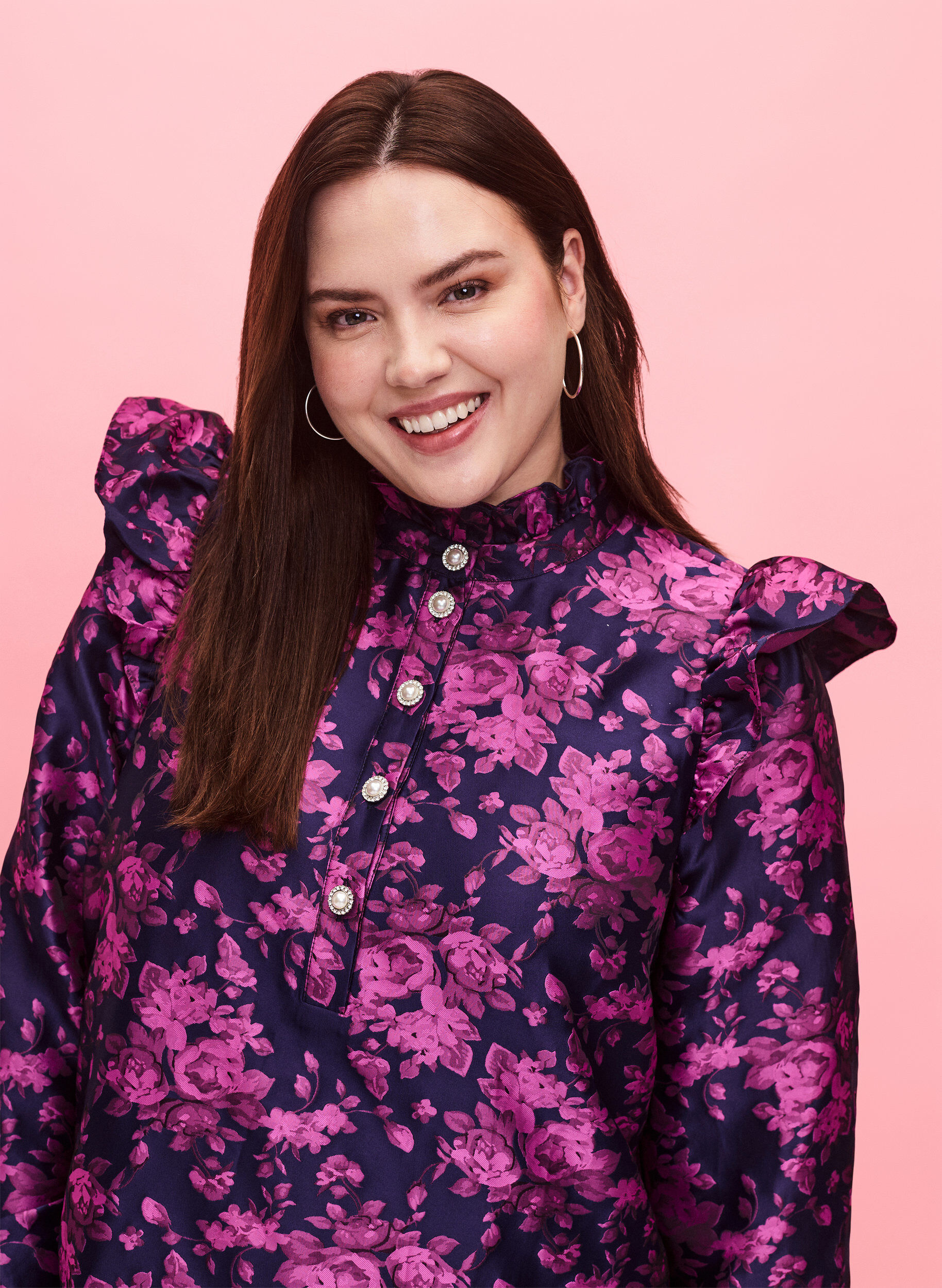 Zizzi Jurk met ruchedetail en parelknopen, Dark Blue Pink, Model image number 2