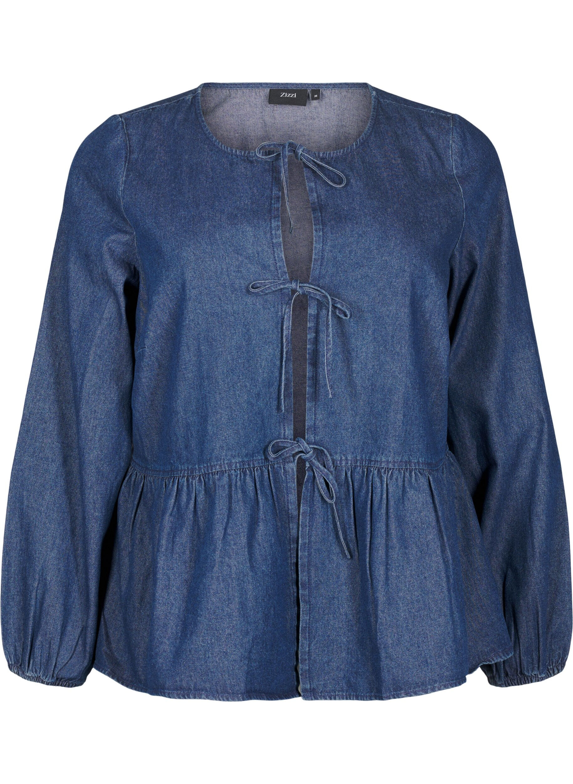 Zizzi Peplum blouse van denim met striksluiting, Blauw, Packshot image number 0