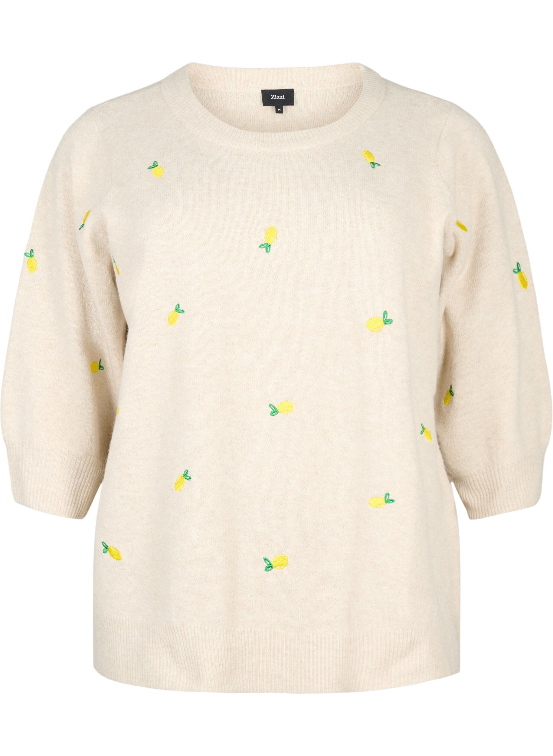 Zizzi Gebreide blouse met 3/4-mouwen en citroenen, P. Stone Mel. Lemon, Packshot image number 0