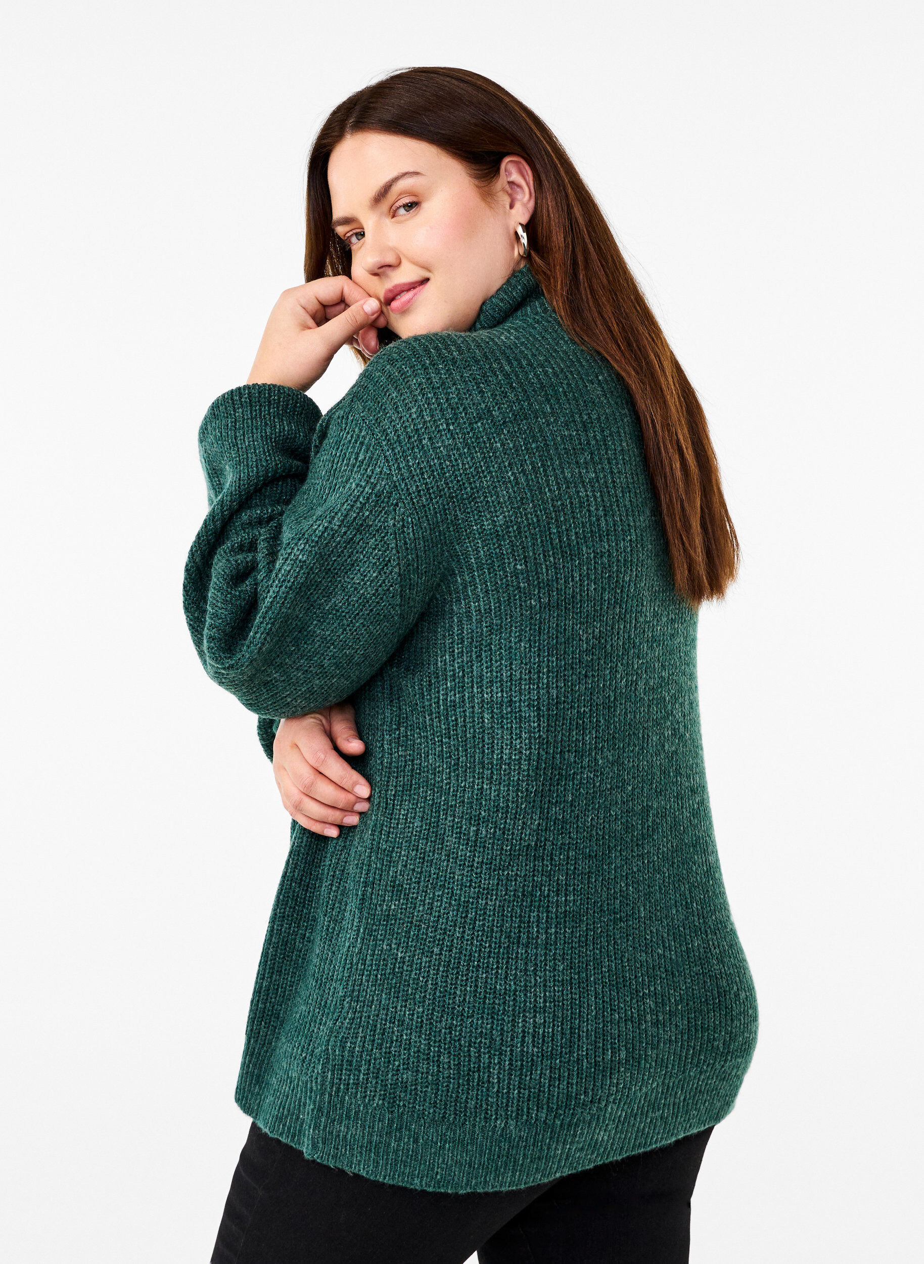 ZizziGebreide trui met hoge hals en rits, Groen, Model image number 2
