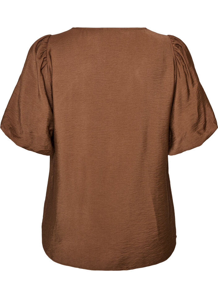 Blouse met ballonnenmouwen en V-hals, Bruin, Packshot image number 1