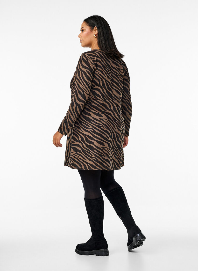 Jurk met lange mouwen, ronde hals en zebraprint, Walnut Zebra, Model image number 1