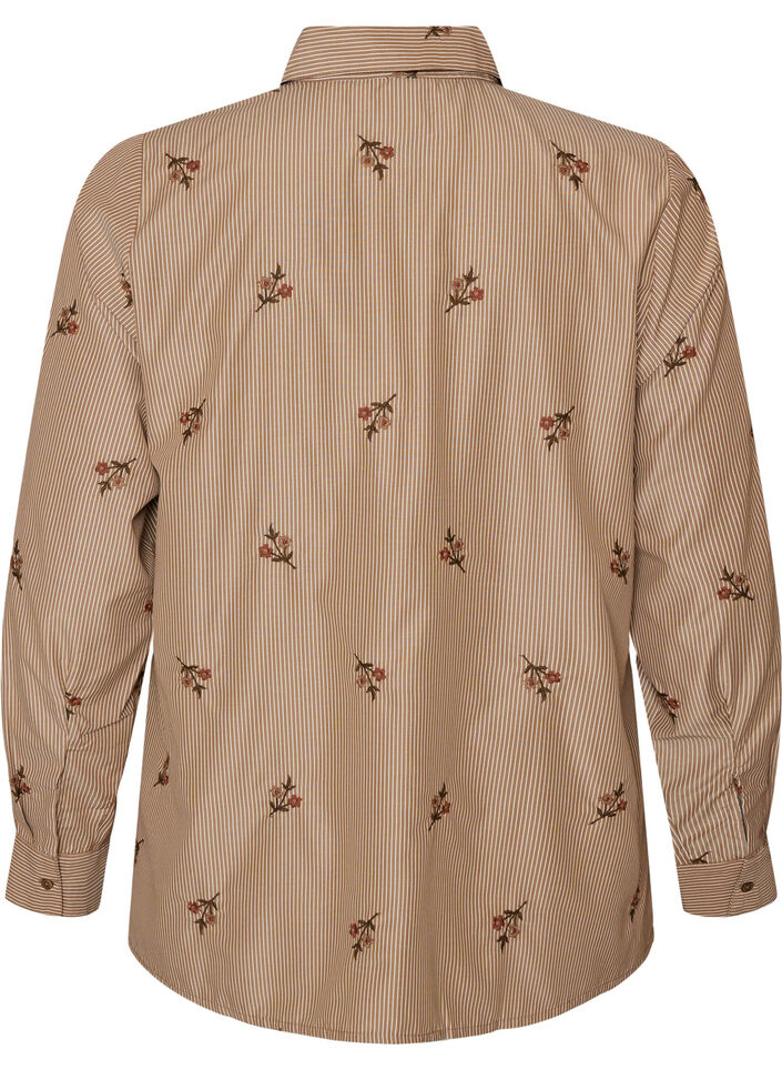 Gestreept shirt met geborduurde bloemen, Bruin, Packshot