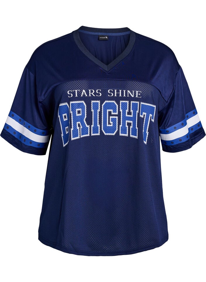 Workout T-shirt met V-hals en frontprint, Blauw, Packshot image number 0