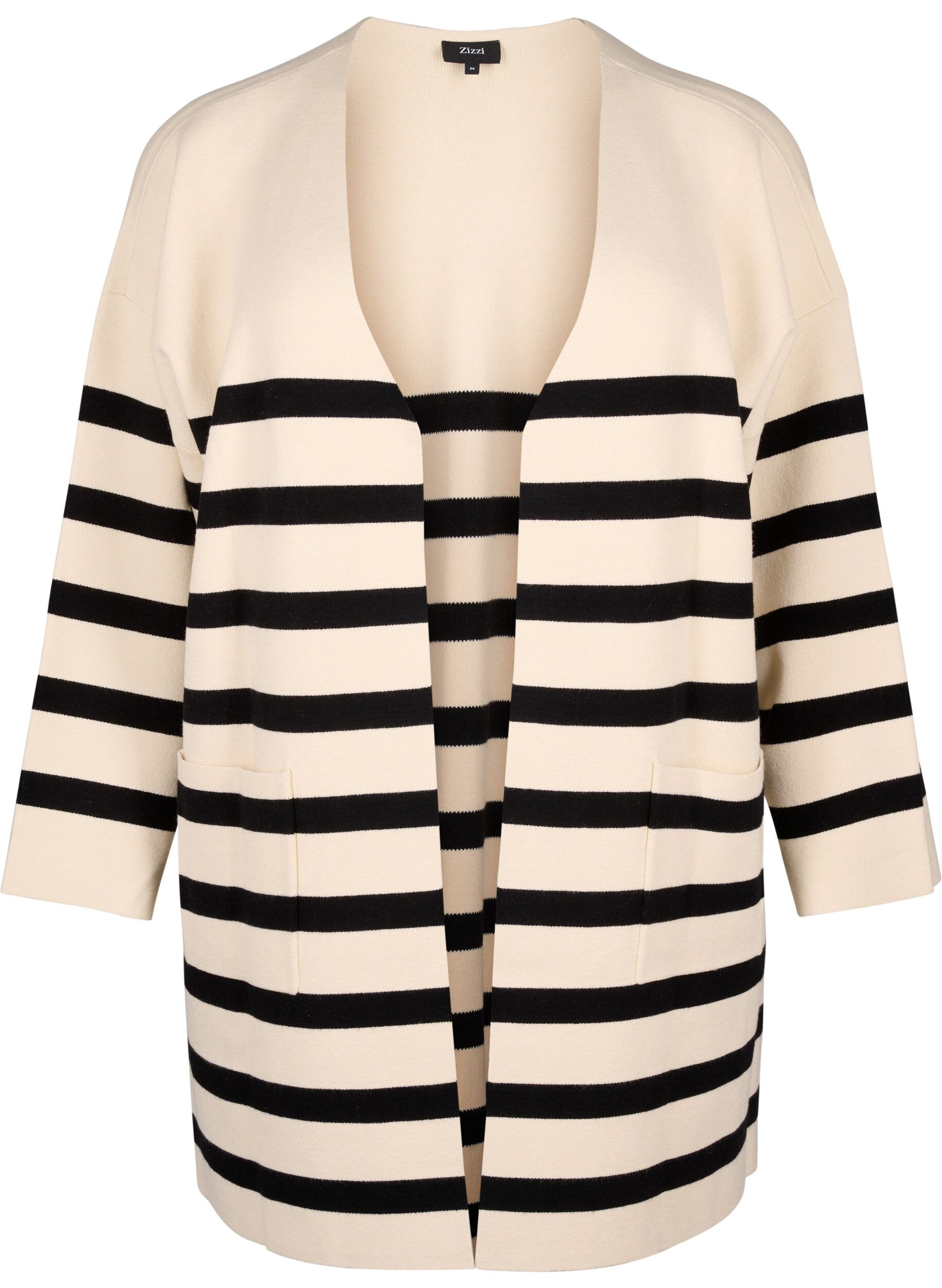 Zizzi Lange gestreepte gebreide cardigan, Birch w/Black, Packshot image number 0