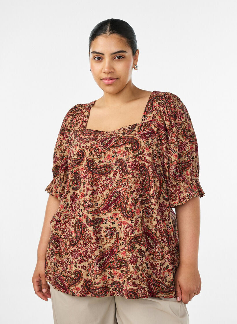 Viscose blouse met paisleymotief en een vierkante halslijn, Bruin, Model image number 0