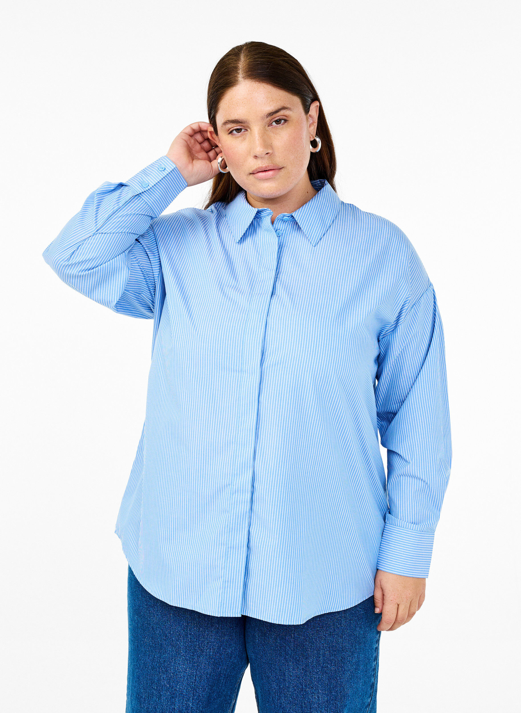 Zizzi Losse shirt met lange mouwen en strepen, Blauw, Model image number 0