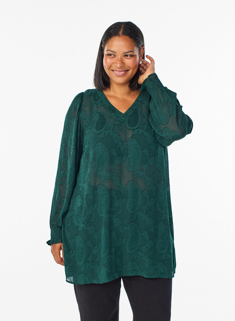 Tuniek met paisley-textuur en lange mouwen, Groen, Model image number 0