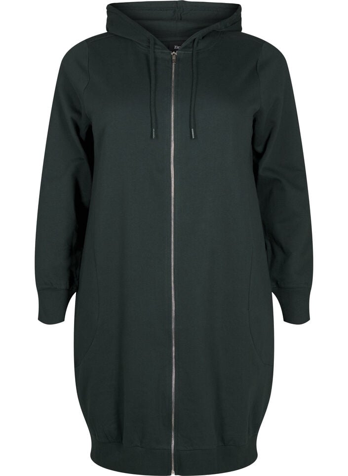 Lang katoenen vest van sweatstof met capuchon, Groen, Packshot image number 0