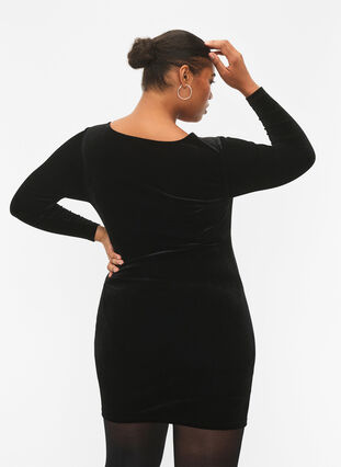 Korte velours jurk met kanten detail, Black, Model image number 1