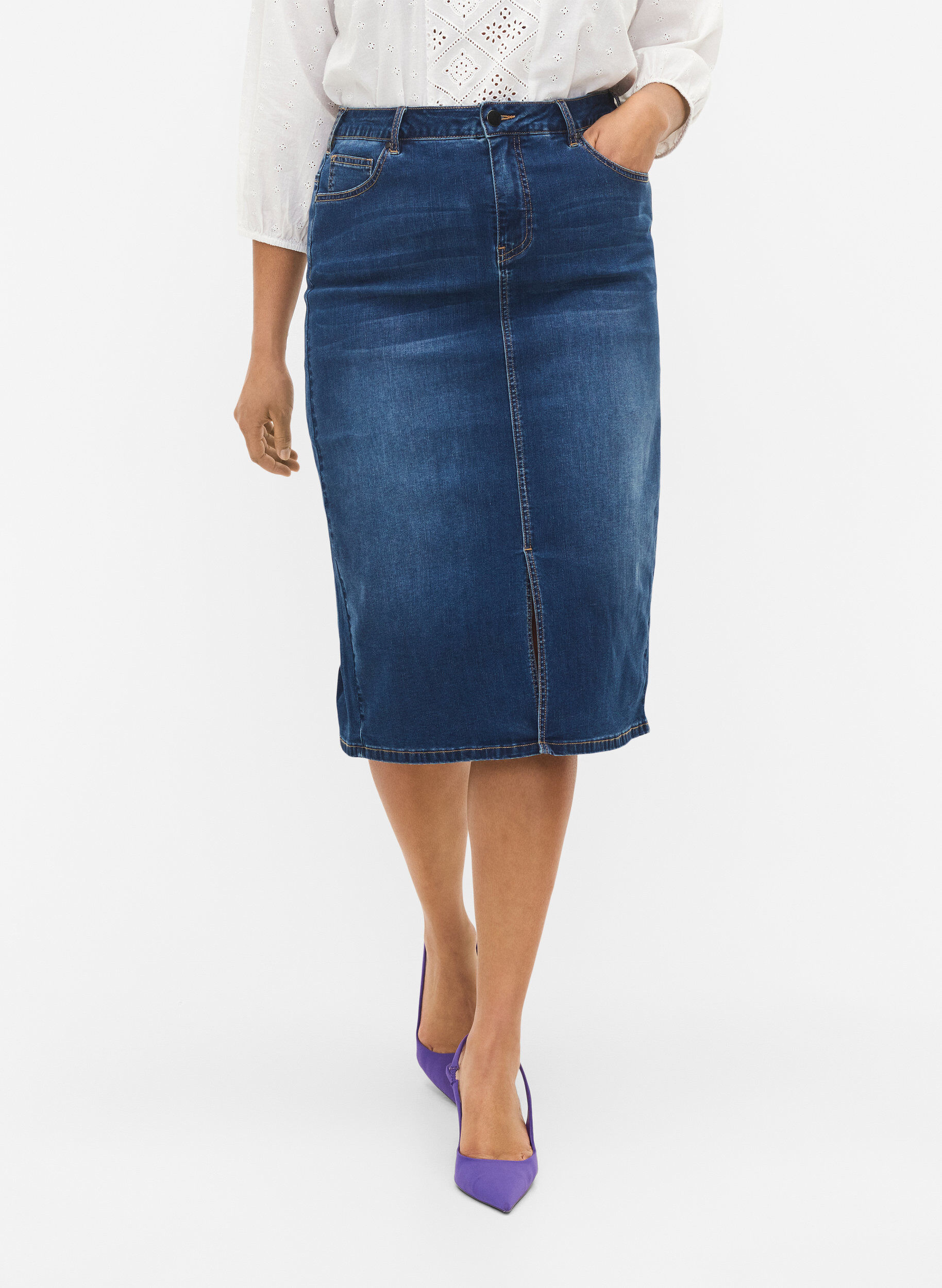 Zizzi Denim midi-rok met split, Blauw, Model image number 3