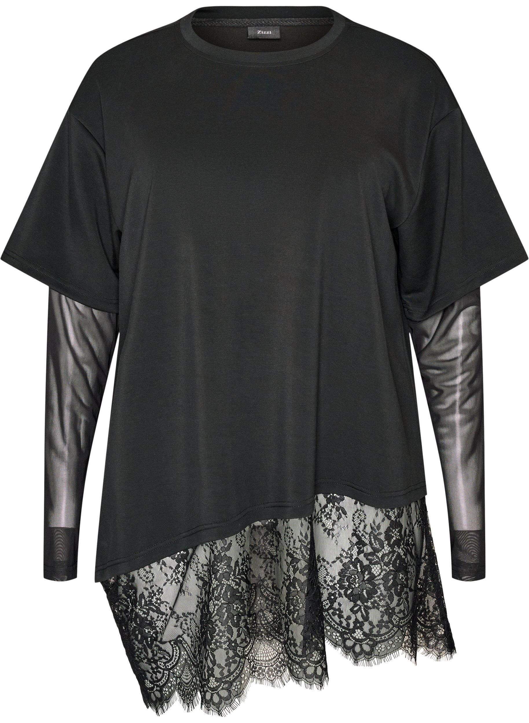 ZizziBlouse met mouwen van mesh en kanten bies, Zwart, Packshot image number 0