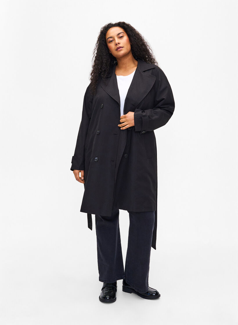 Trenchcoat met riem en split, Black, Model image number 3