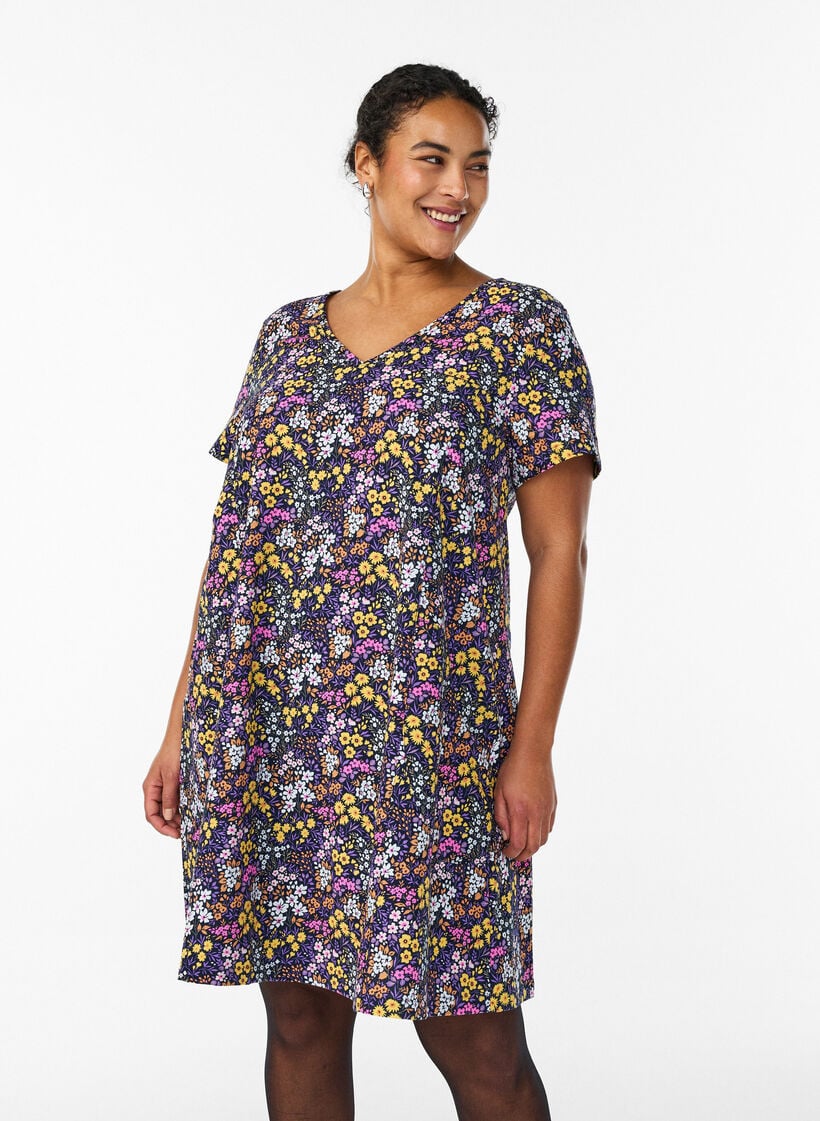 Korte a-lijn jurk met bloemenprint, Blauw, Model image number 0