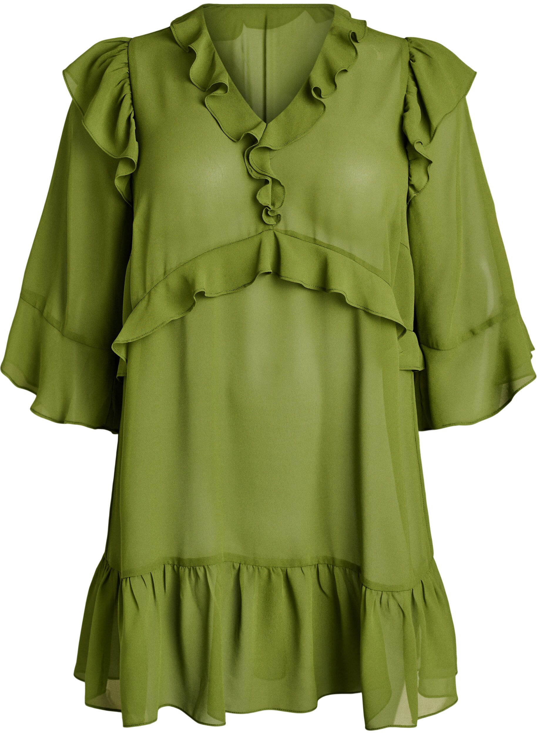 ZizziLichtgewicht jurk met ruches en een V-hals, Groen, Packshot image number 0