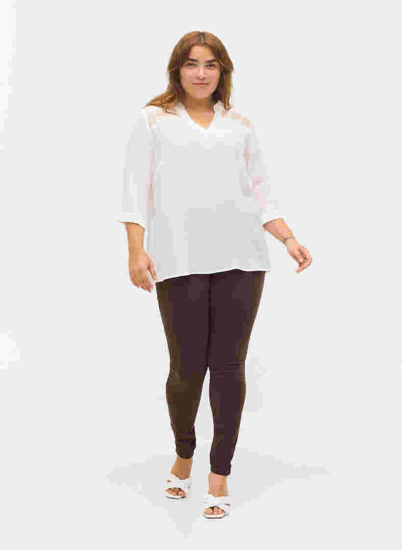 Viscose blouse met 3/4 mouwen en kant detail, Bright White, Model image number 3