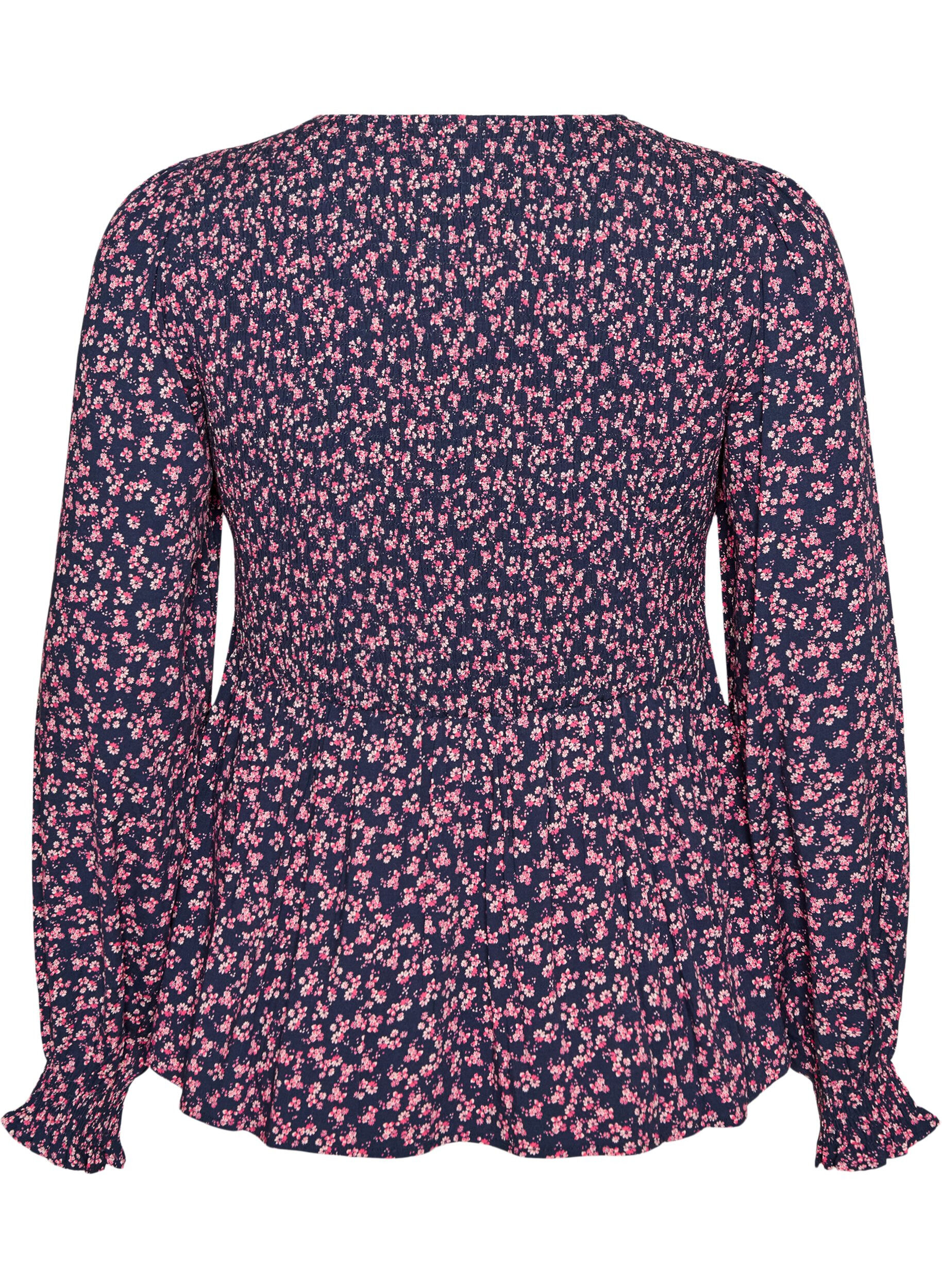 ZizziBlouse met gesmokte top en bloemenprint, Blauw, Packshot image number 1