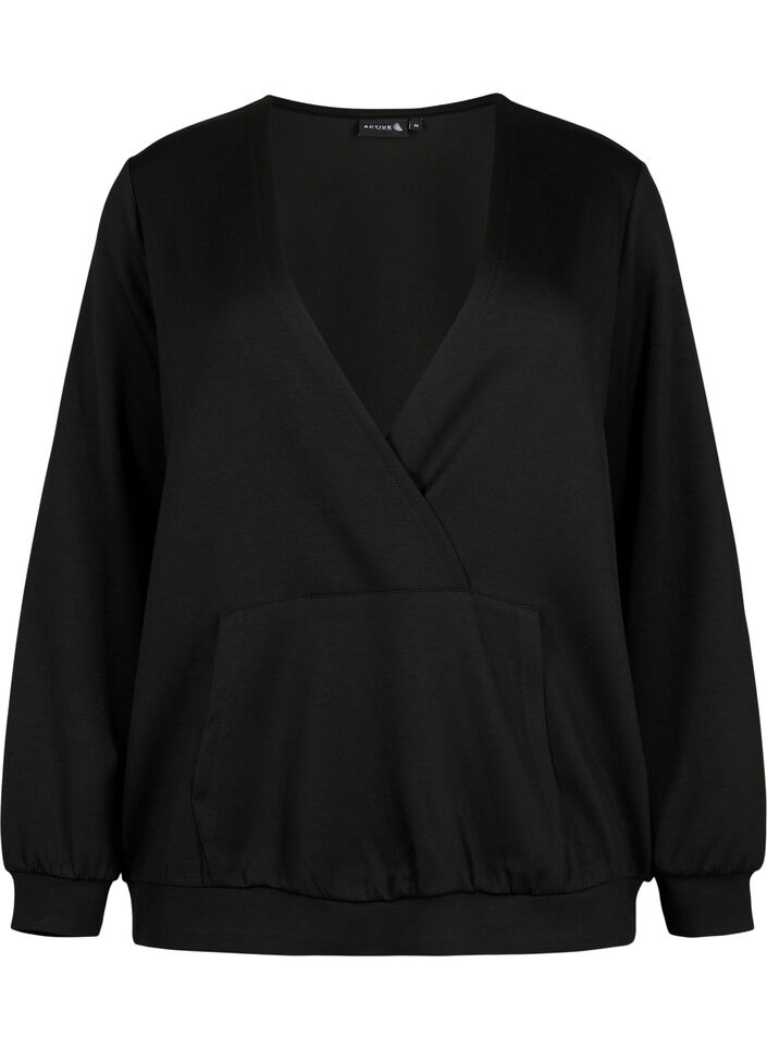 Sweatshirt met V-hals en zak, Black, Packshot image number 0