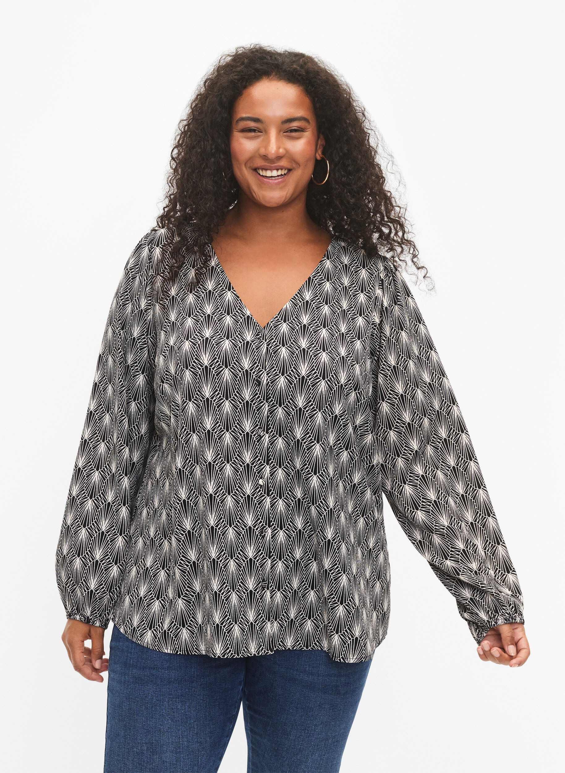 Zizzi Shirtblouse met V-hals en print, Birch Graphic AOP, Model image number 0