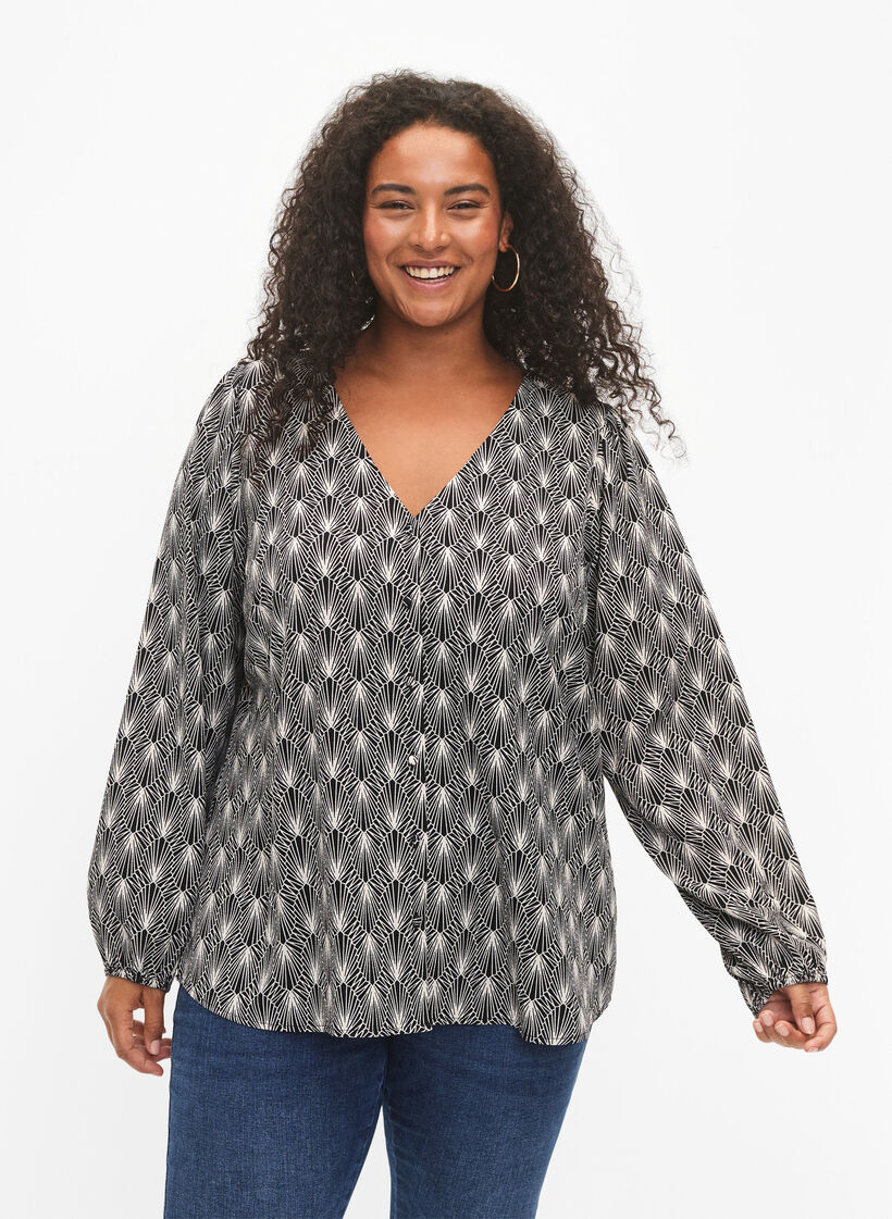 Shirtblouse met V-hals en print, Birch Graphic AOP, Model image number 0