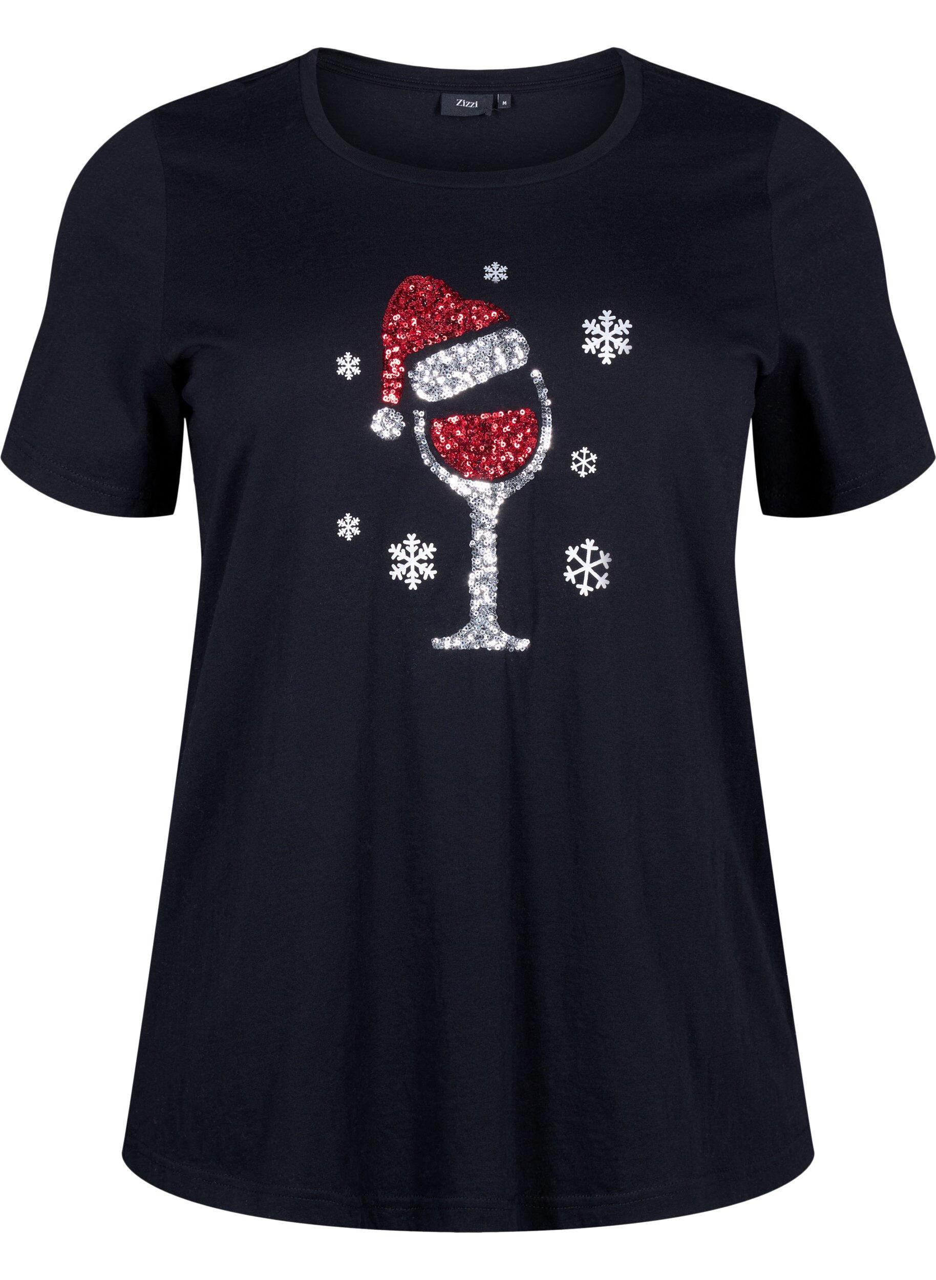 Zizzi Kerst T-shirts in 100% katoen, Black w. Wine, Packshot image number 0