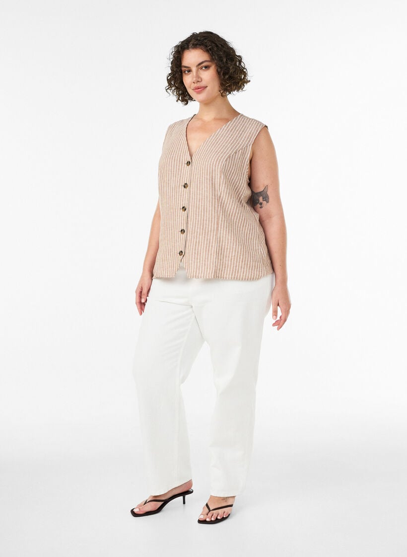 Gestreepte vest in linnen en viscose, Beige, Model image number 1