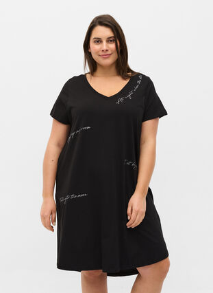 Katoenen pyjama jurk met korte mouwen en print, Black Silv Foil Text, Model image number 0