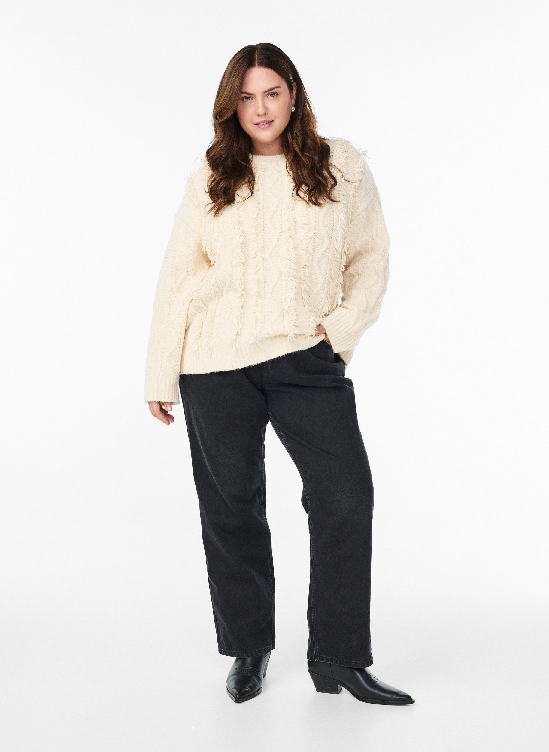 Zizzi Breisel met ronde hals en textuurpatroon, Beige, Model image number 1