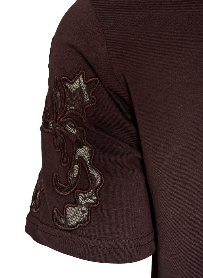 Katoenen T-shirt met kanten applicaties, Bruin, Packshot image number 3