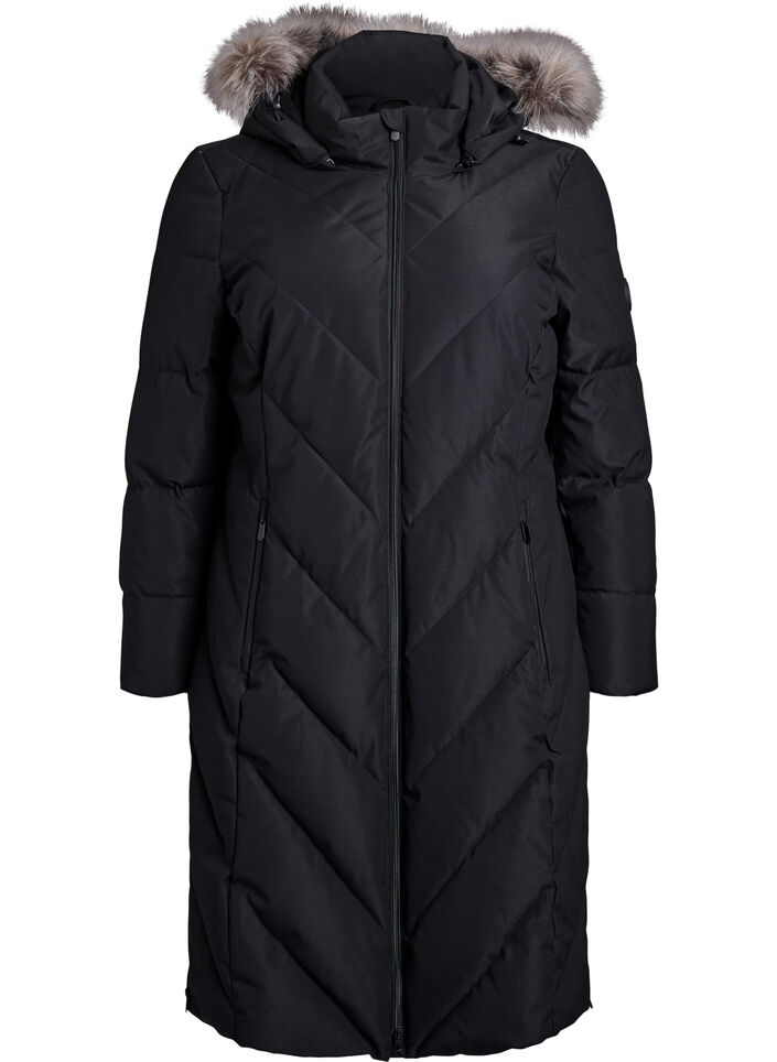 Lange winterjas met haaksluitingen en een nep bontkraag, Zwart, Packshot image number 0