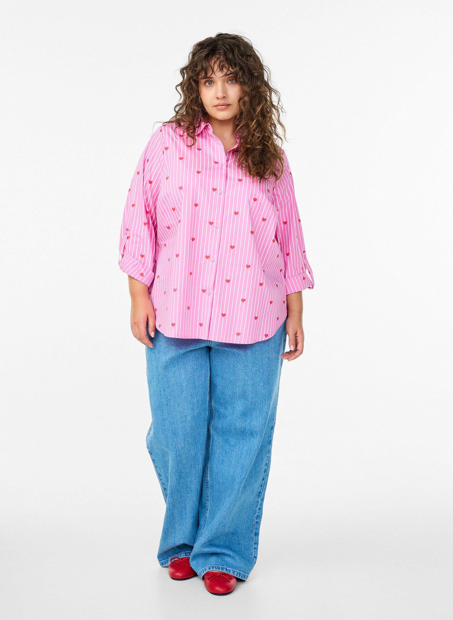 Zizzi Shirt blouse met strepen en hartjes, Roze, Model image number 1