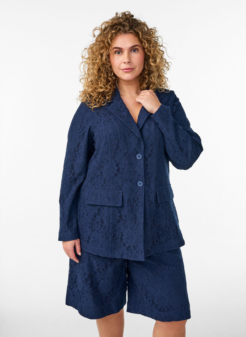 Bermuda shorts van kant met hoge taille, Blauw, Model image number 0