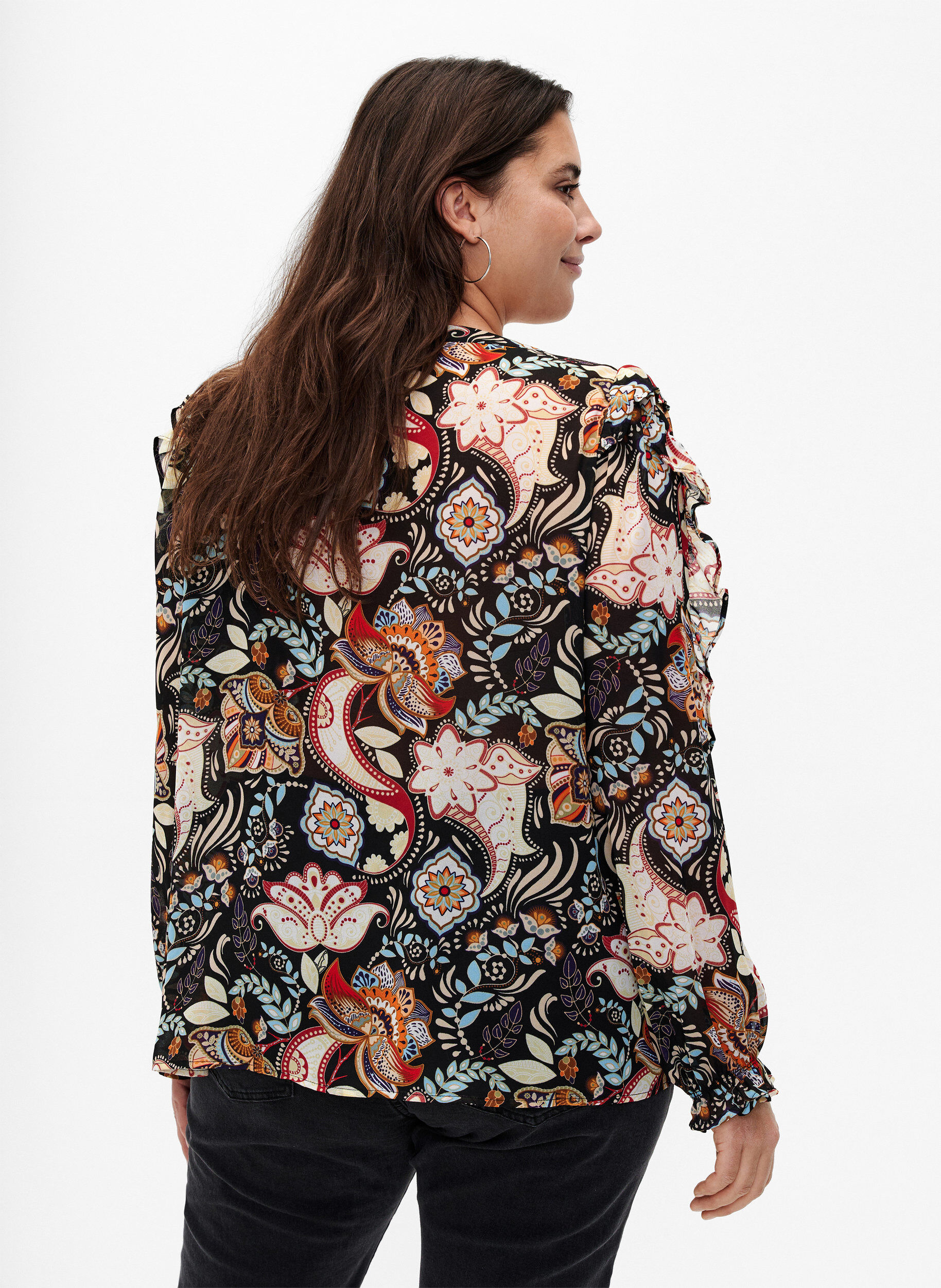 Zizzi Shirt blouse met ruches en paisleyprint, Black Paisley, Model image number 1