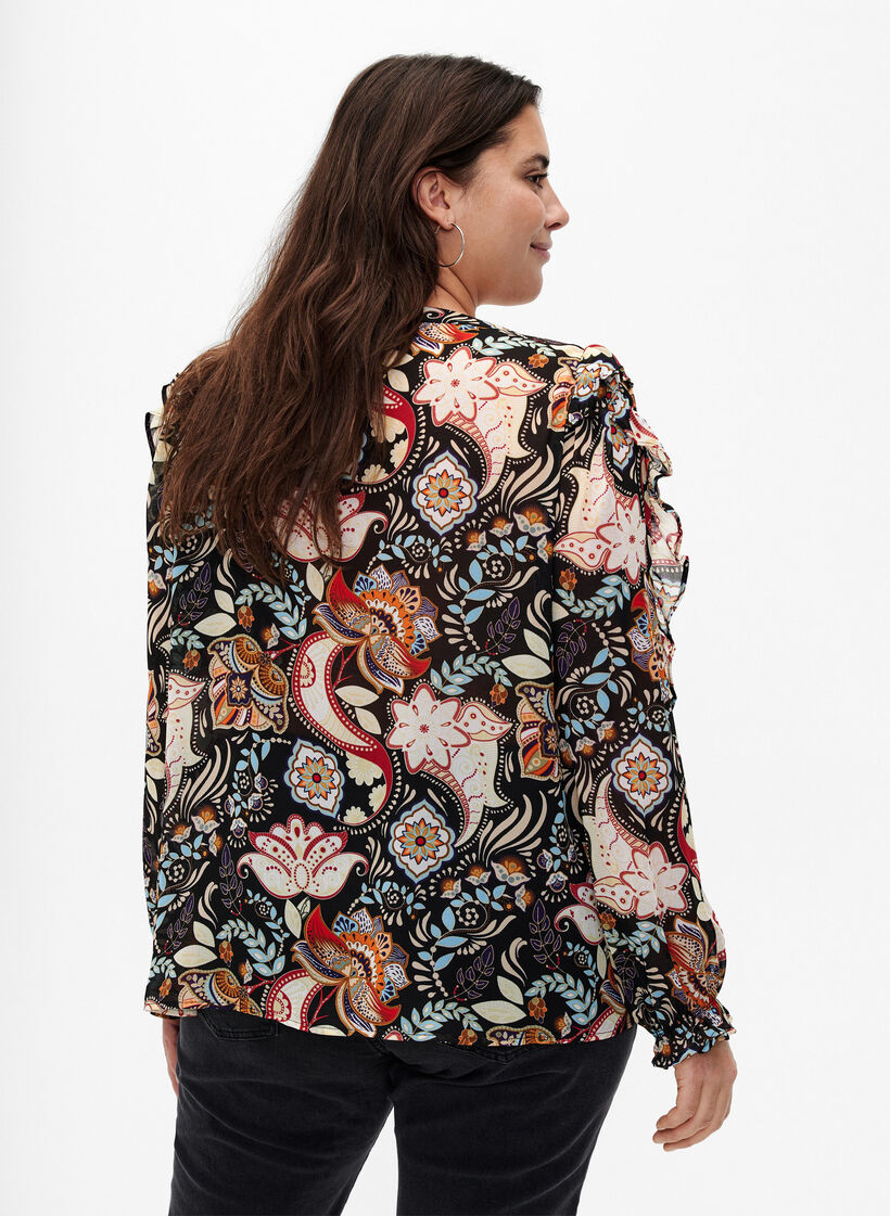 Shirt blouse met ruches en paisleyprint, Black Paisley, Model image number 1