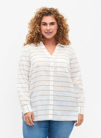 Overhemdblouse met knoopsluiting, White Taupe Stripe, Model