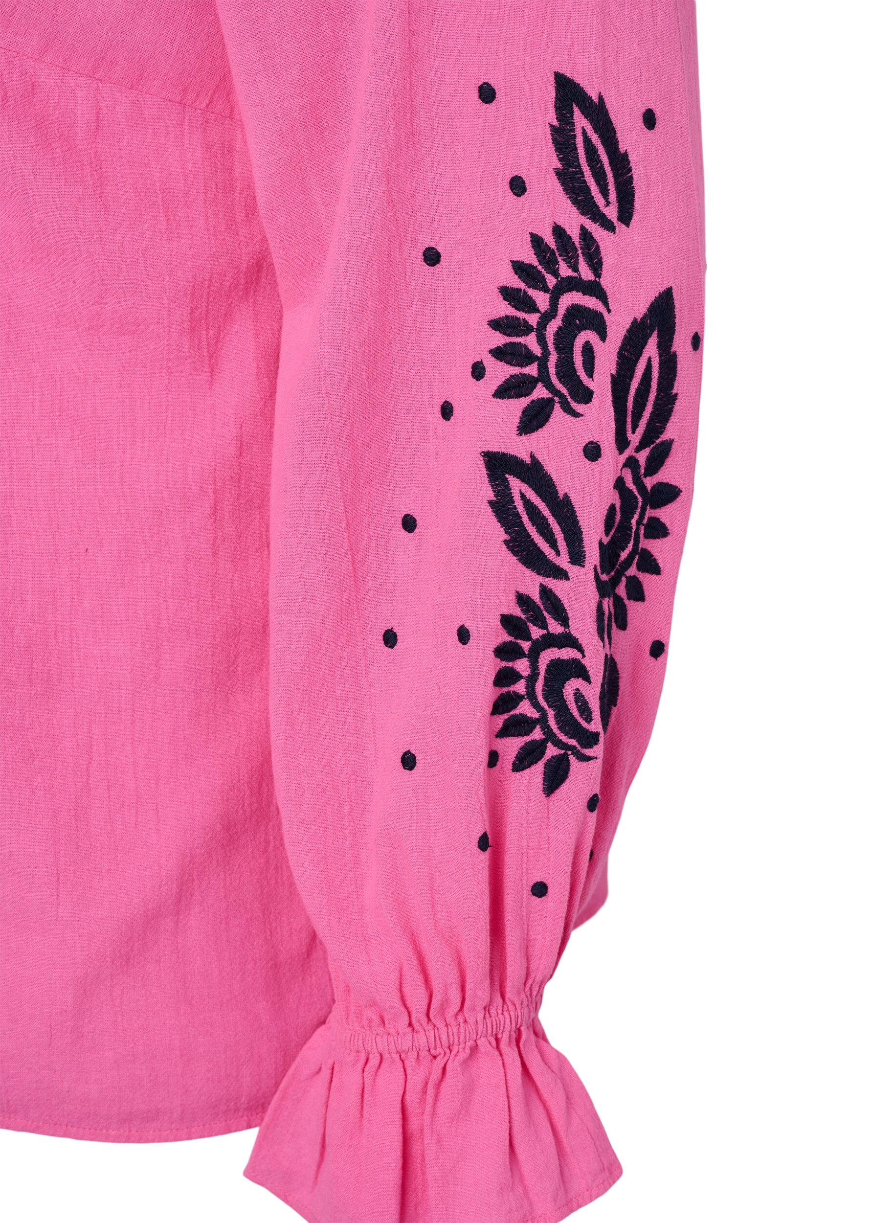 Zizzi Katoenen blouse met borduursel en ruches, Roze, Packshot image number 3
