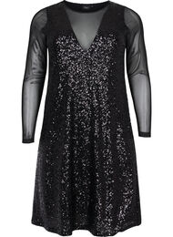 A-lijn jurk met pailletten en lange mouwen, Black, Packshot